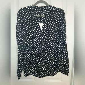 DKNY Womens Black Polka Dot Long Sleeve V Neck Top Size: L